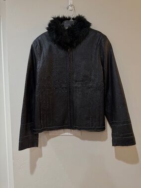 Metro Style Vintage Leather Jacket Coat in Black Women's Size L Large
